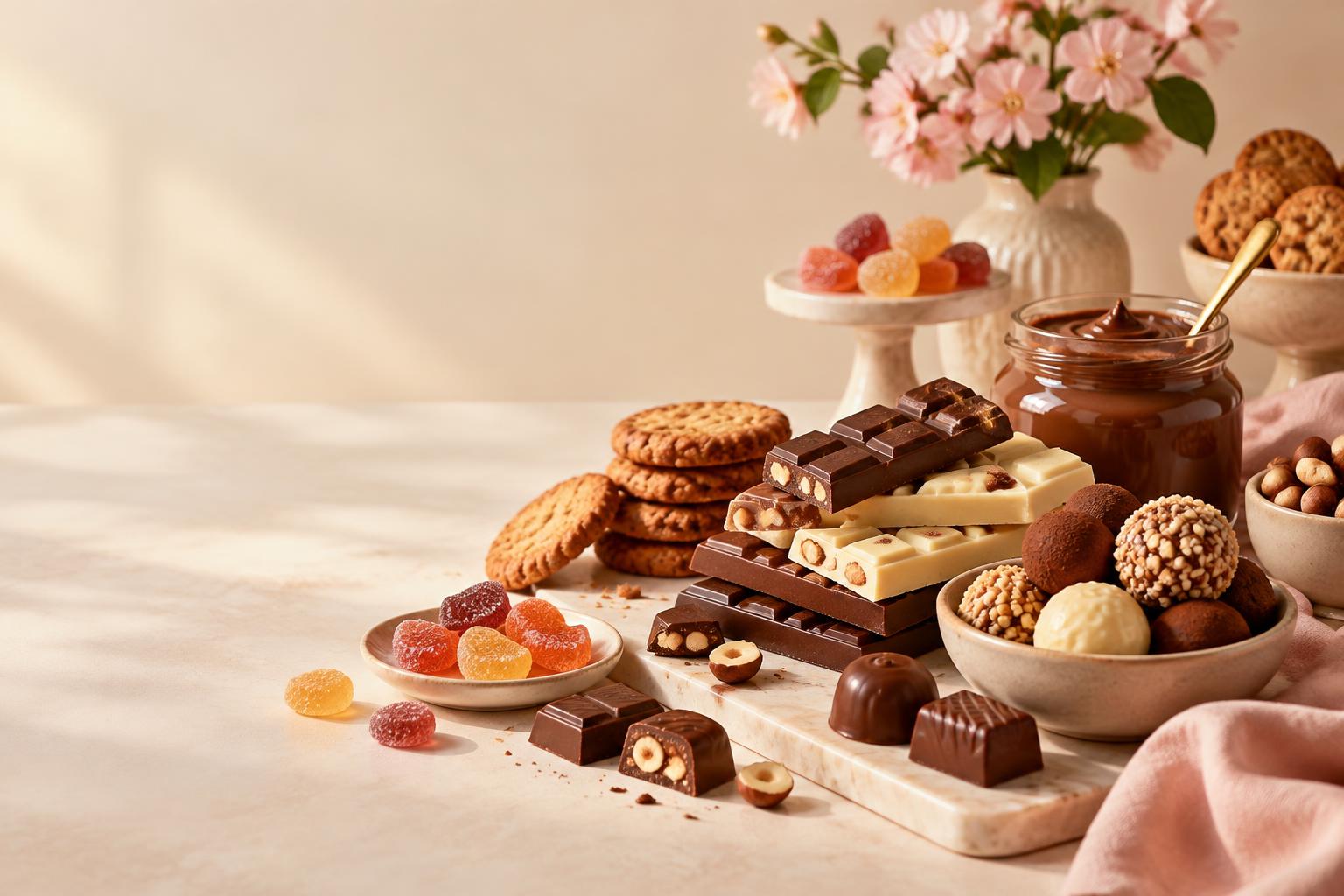 An elegant assortment of European chocolates, gummies and biscuits